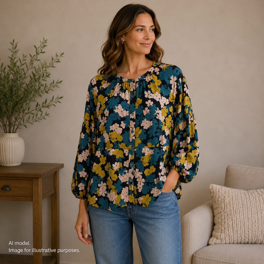 CAbi Top Womens Large Black Floral Favorite Blouse #4158 Balloon Sleeve Button